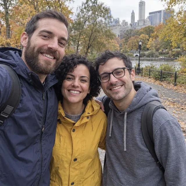 The three friends in the park with an empty path behind them