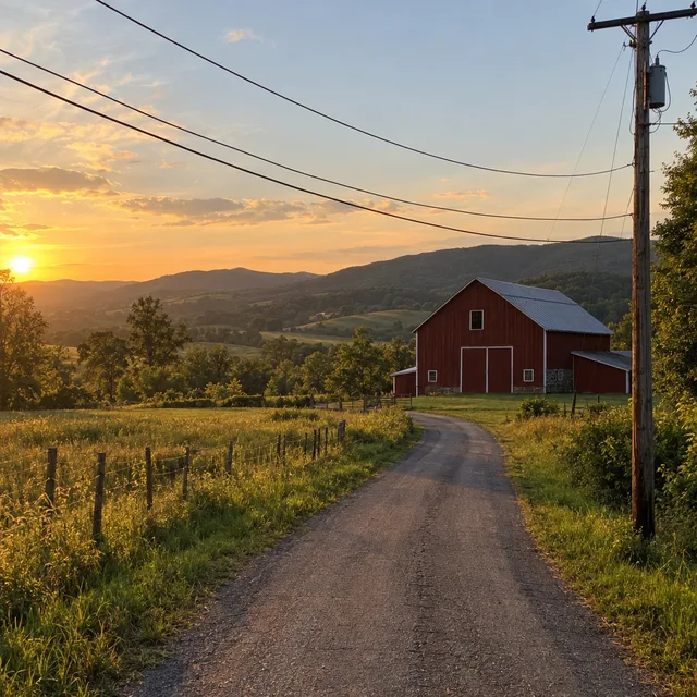 Synthetic source photo: a country road to a red barn at sunset, with a utility pole and power lines across the sky