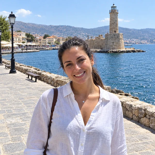 The same woman on an empty promenade, with the lighthouse and sea wall in different places