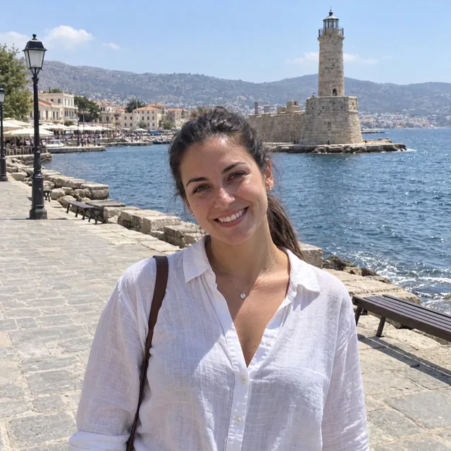 The same woman on an empty promenade with the lighthouse behind her
