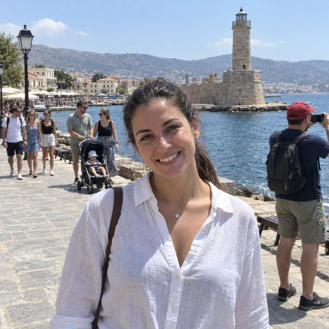 Synthetic source photo: a fictional woman on a seaside promenade with a lighthouse, other tourists and a man in a red cap taking a photo behind her