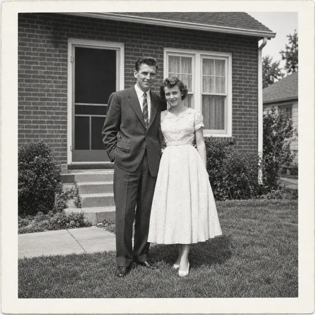 The 1950s couple photo restored by GPT Image 2.5 with boosted contrast and sharpness