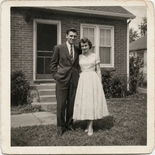The 1950s couple photo restored by Nano Banana 2.1 with a warm sepia tint