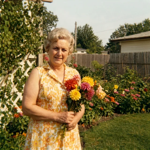 The 1970s garden photo restored by Nano Banana 2.1 with a remaining yellow-green tint