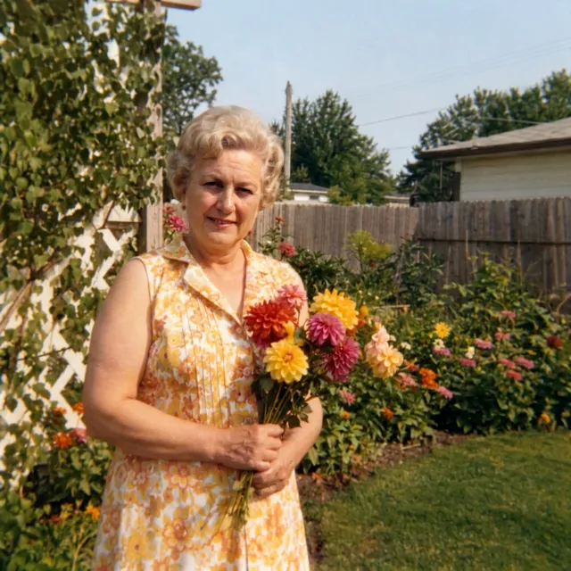 The 1970s garden photo restored by Nano Banana Pro with natural colours
