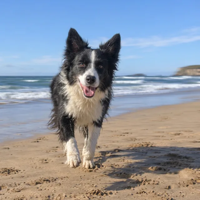 The same border collie running on the beach, sharp, with clear waves