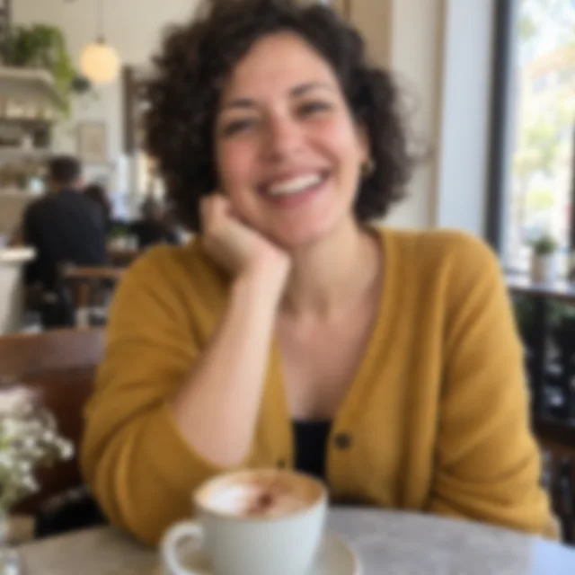 Out-of-focus photo of a fictional woman laughing at a cafe table in a mustard cardigan