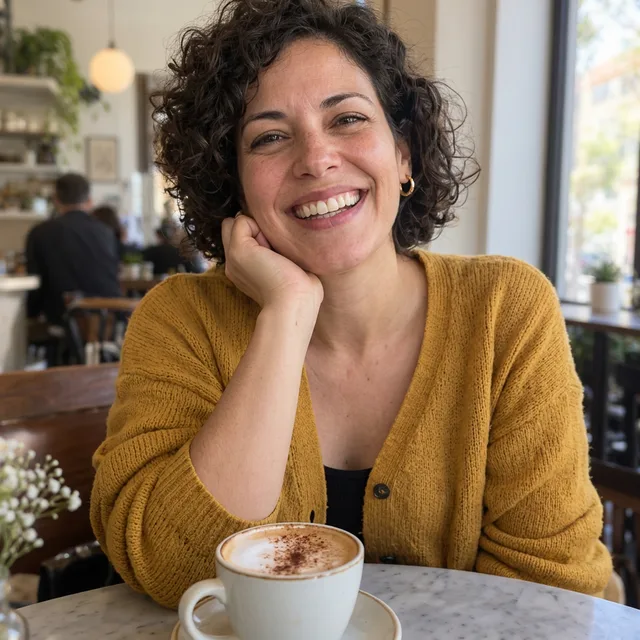 The same woman at the cafe table, sharp and close to the original