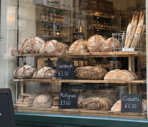 Close-up of the original price tags: Sourdough £3.50, Multigrain £3.00, Ciabatta £2.50