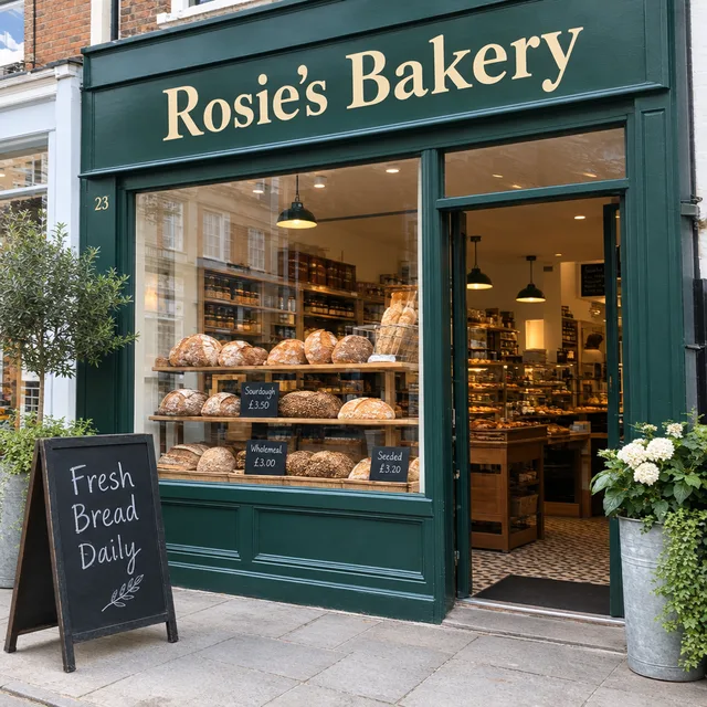 The bakery front sharp with the chalkboard reading Fresh Bread Daily in capitals
