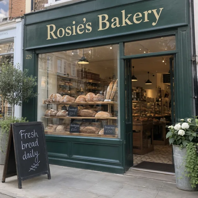 The bakery front sharp again with Rosie’s Bakery on the sign and Fresh bread daily on the chalkboard