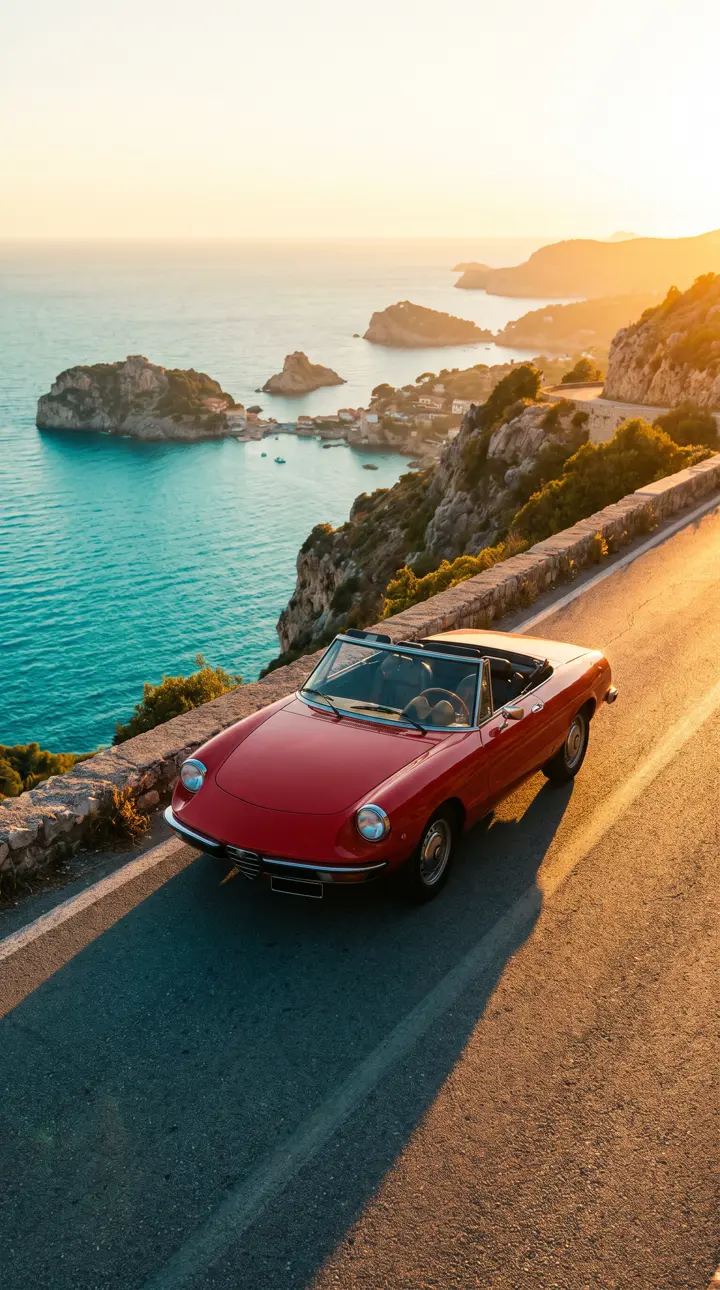 Source photo of a red vintage convertible on a coastal road at sunset