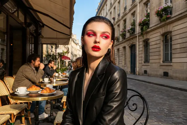 New background: Paris street café, edited by Nano Banana Pro: Reframes wider and seats her at a café table.
