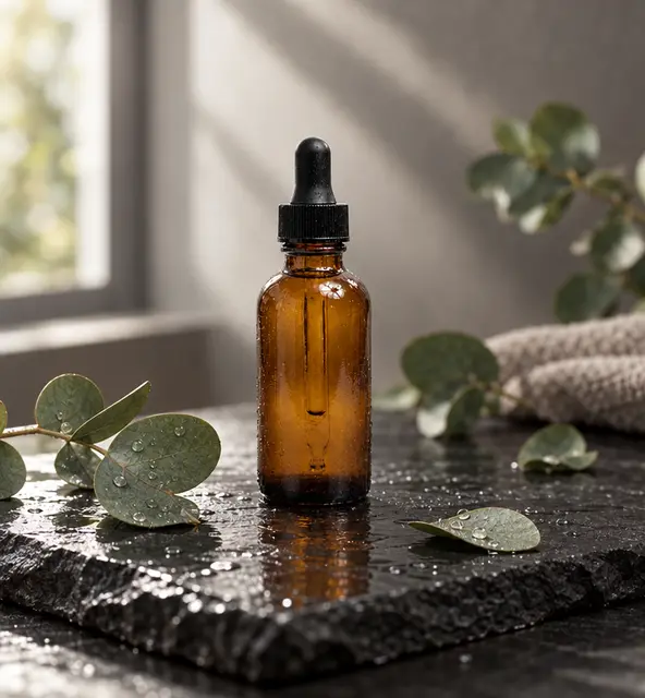 Product shot: bottle on wet slate, edited by GPT Image 2.5: Strongest window light, with visible light and shadow on the wall.