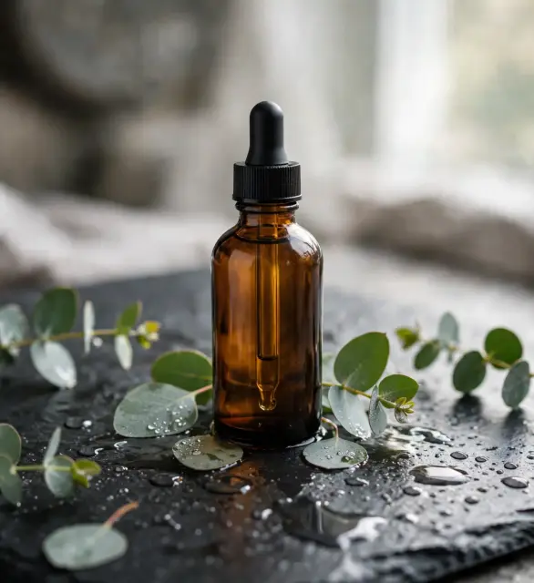 Product shot: bottle on wet slate, edited by Muse Image: Wider scene with many water droplets around the bottle.