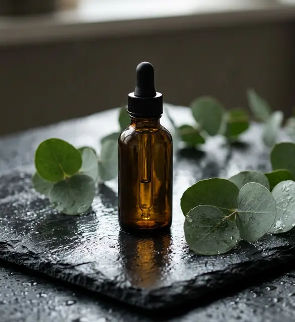 Product shot: bottle on wet slate, edited by Nano Banana 2.1: Close crop, large leaves, bottle unchanged.