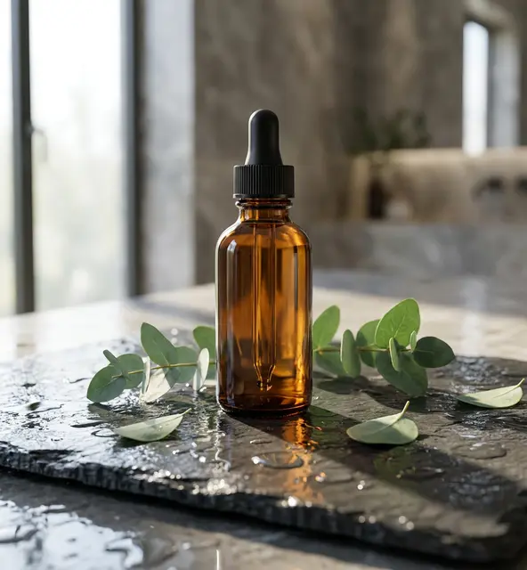 Product shot: bottle on wet slate, edited by Nano Banana Pro: Adds a window and bathroom setting behind the slate.