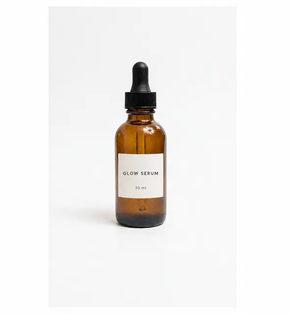 Add text: a label that reads GLOW SERUM, edited by GPT Image 2.5: Smaller label, both lines of text present.