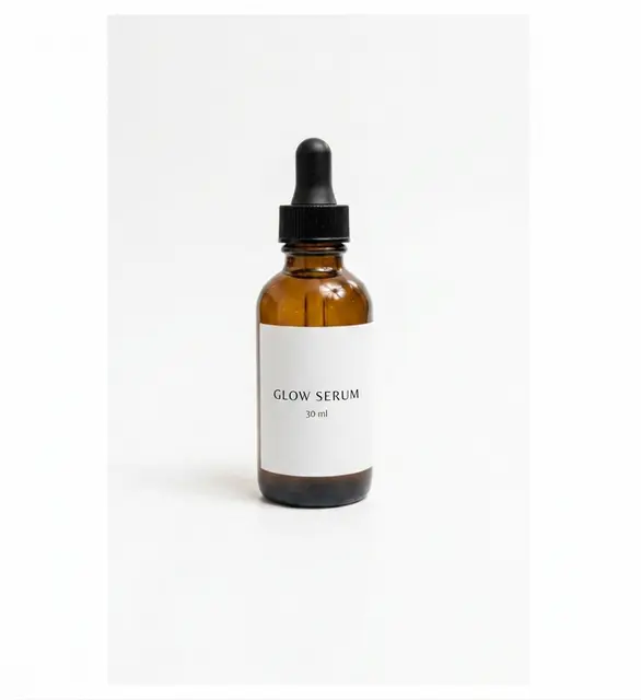 Add text: a label that reads GLOW SERUM, edited by Nano Banana 2.1: Large label, both lines of text present.