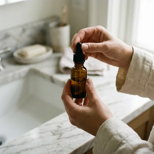 Source still: two hands holding an amber dropper bottle over a marble bathroom counter, no face visible