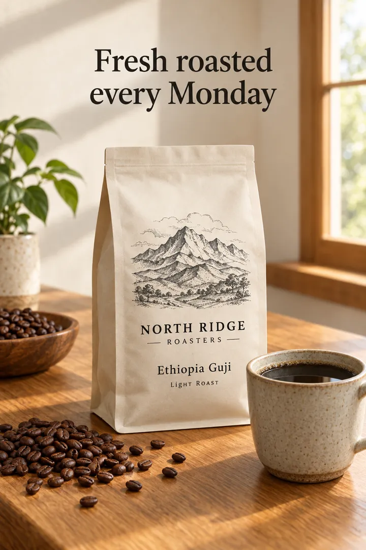 AI-generated product poster: a cream coffee bag labelled North Ridge Roasters, Ethiopia Guji, Light Roast, on an oak counter next to a cup of coffee, under the headline Fresh roasted every Monday