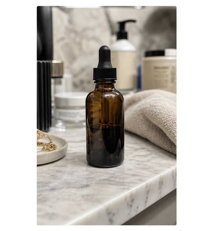Illustrative amber bottle surrounded by objects on a bathroom countertop