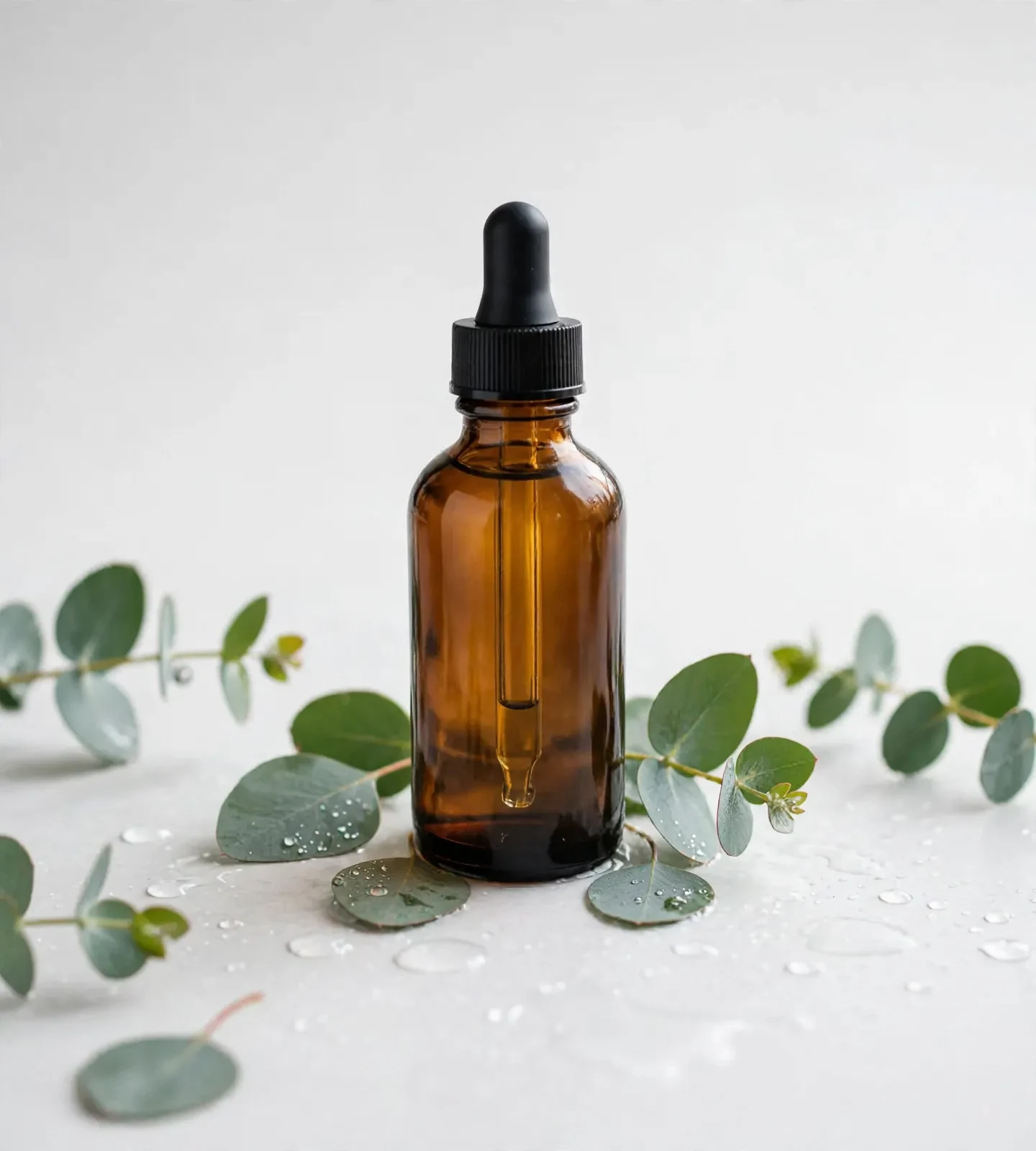 Actual AI edit of the reference bottle on a pale background, with the original eucalyptus leaves still around it.