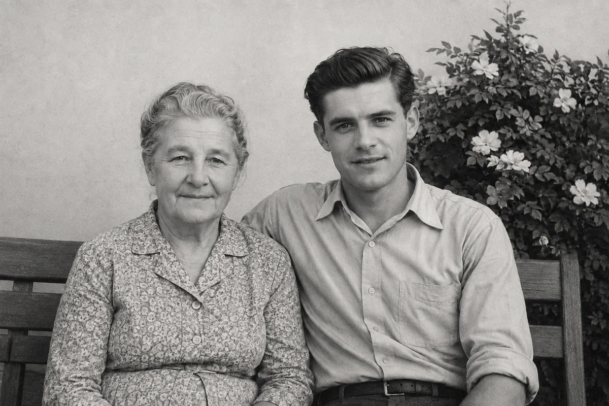 Illustrative restoration of the synthetic family photograph with clearer contrast and less visible wear