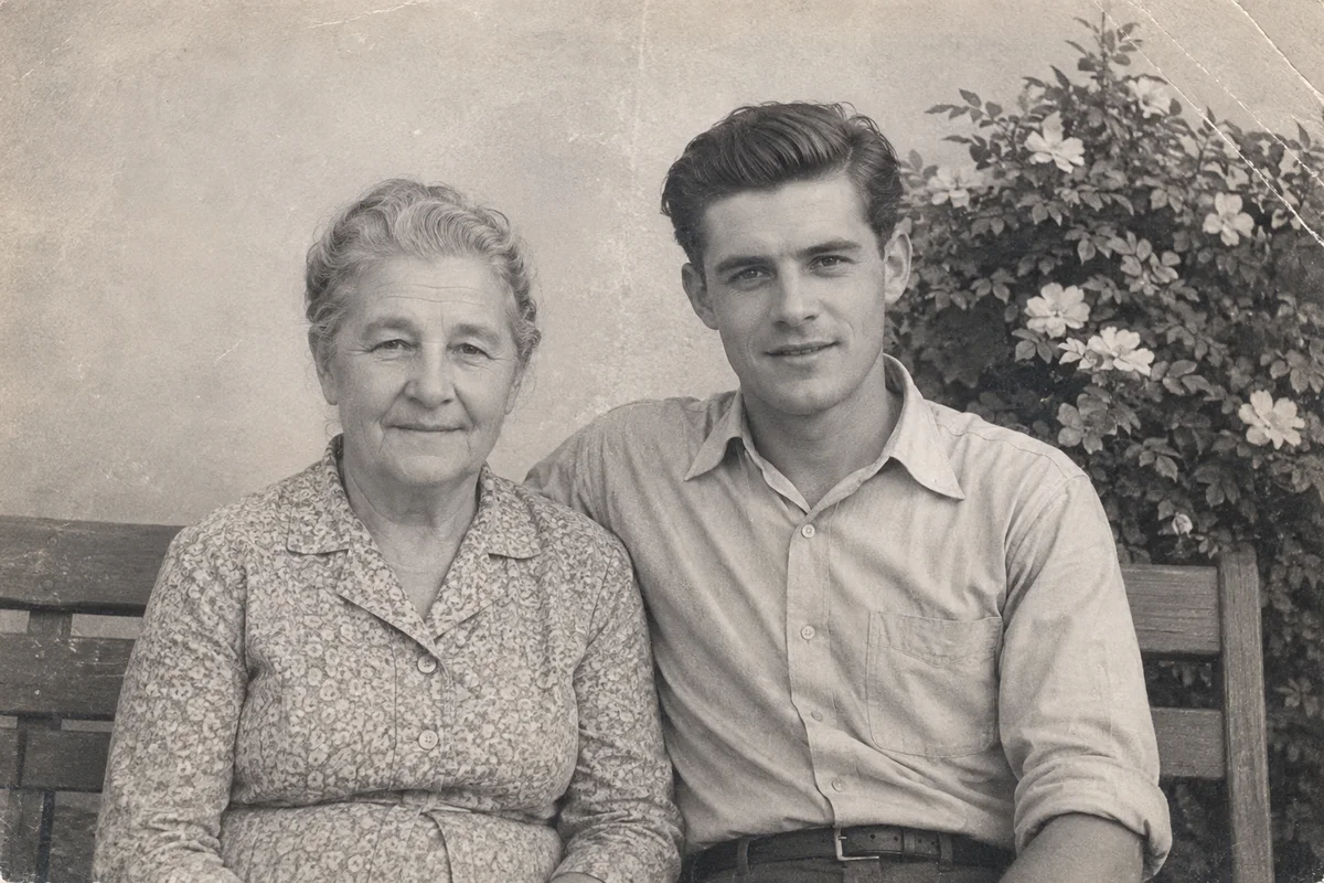 Synthetic aged black-and-white family photograph with fading and scratches
