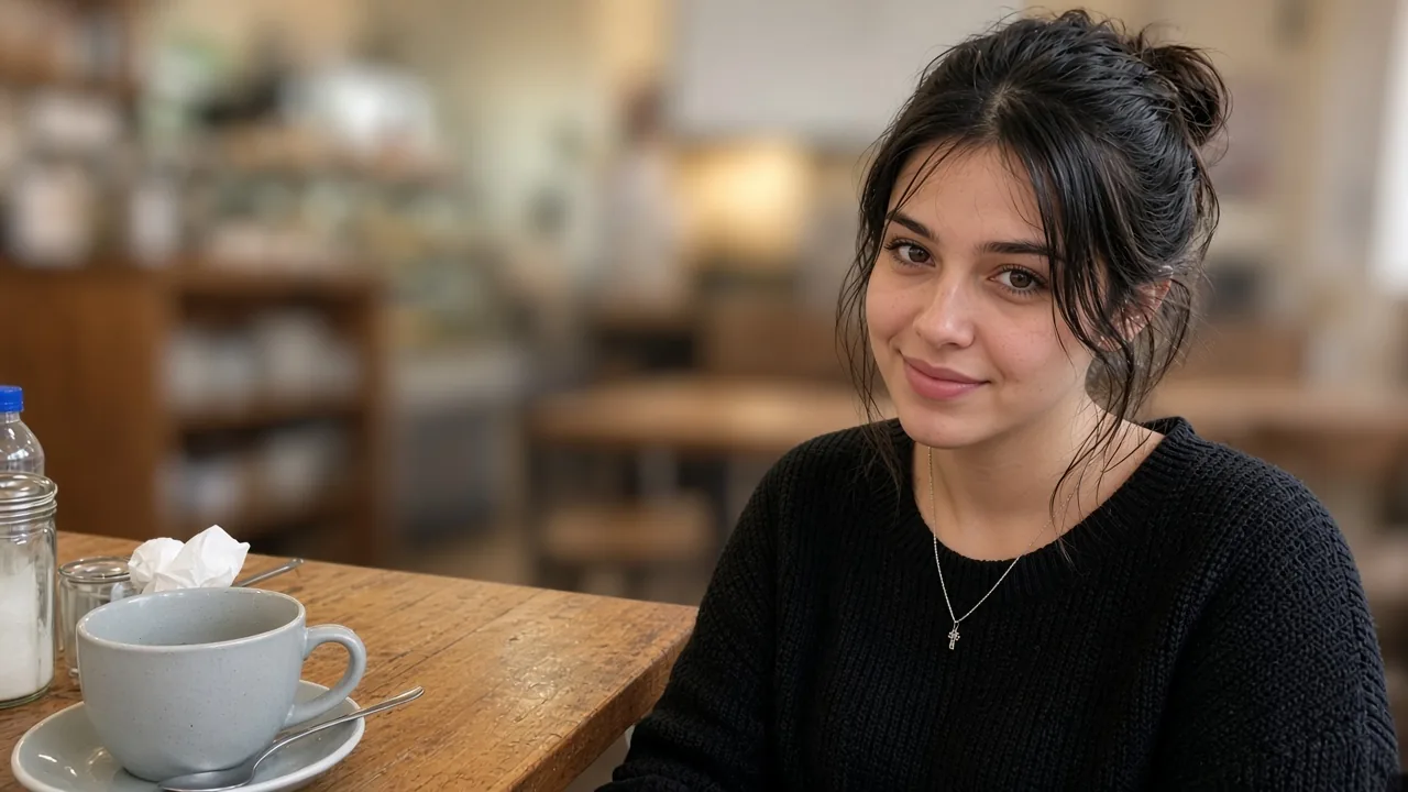 The same cafe portrait restyled for a social feed — subject facing the camera with a soft smile