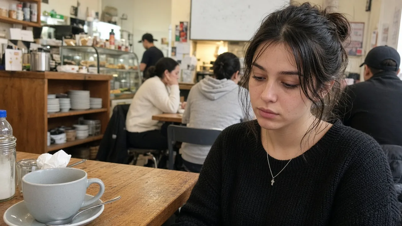 Young woman in a black sweater sitting at a wooden cafe table, looking down next to a coffee cup