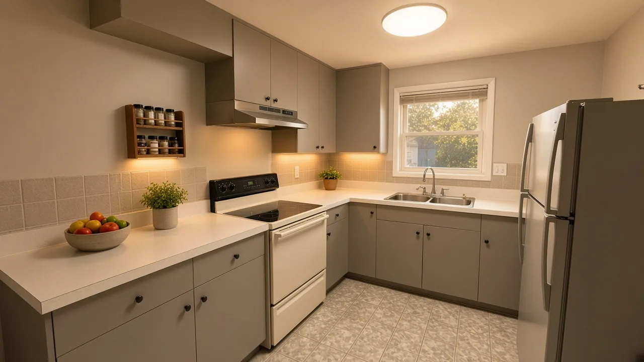 The same kitchen brighter and more usable for a slide — no menu claim
