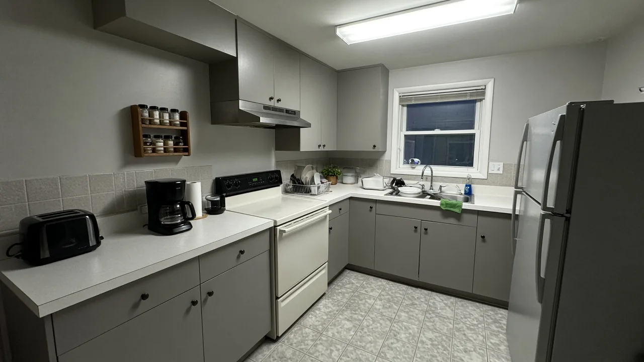 Dated kitchen with flat gray cabinets, white laminate counters, and linoleum tile flooring