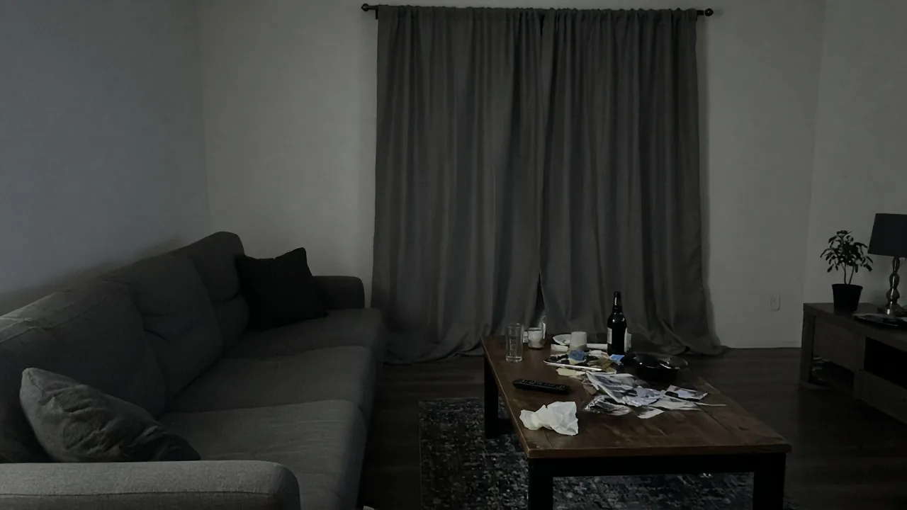 Dim living room with a grey sofa, closed curtains, and a cluttered coffee table