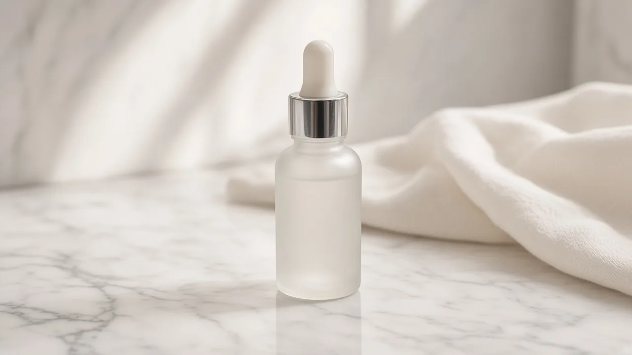 The same serum bottle after an AI edit, on a clean marble surface